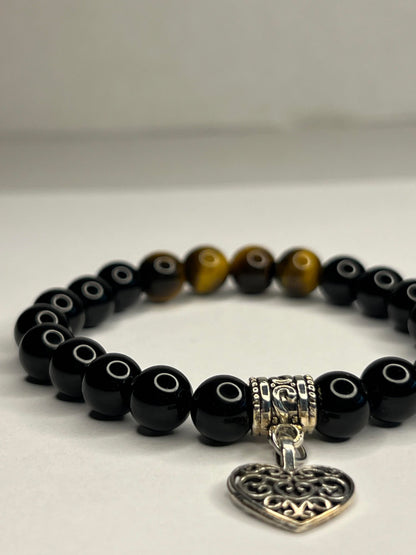 Yellow Tiger eye and Obsidian with steel Heart Charm