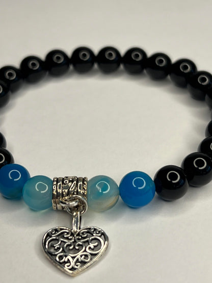 Obsidian and Blue quartz with steel heart charm